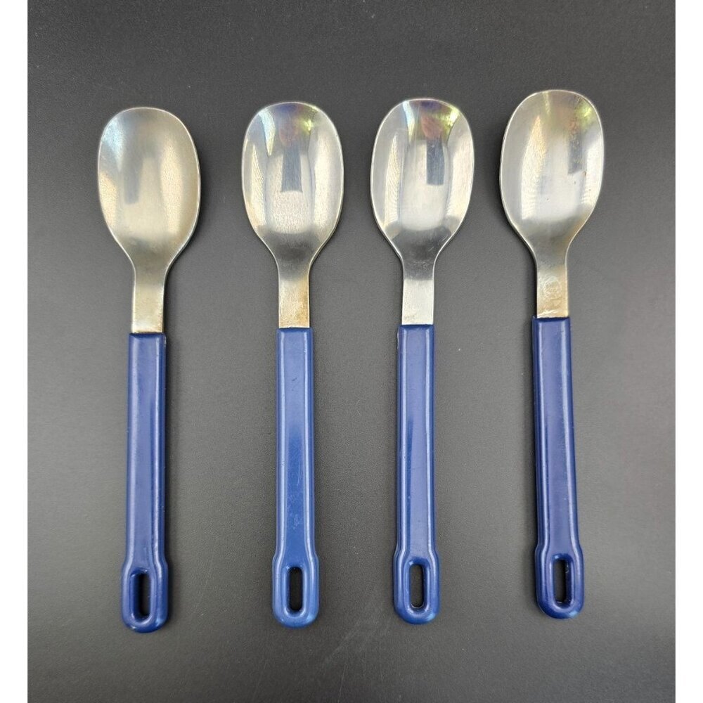 Set Of 4 Vintage MCM Stainless Steel Spoons With Blue Handles - Made In Taiwan